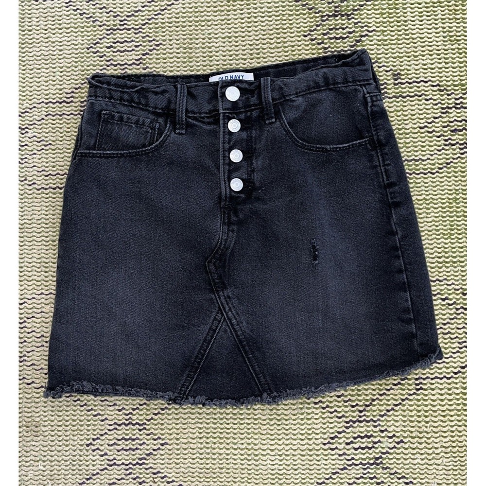 Girls Old Navy Button Black Denim Mini Skirt Size L 10-12  ~Fast Shipping~